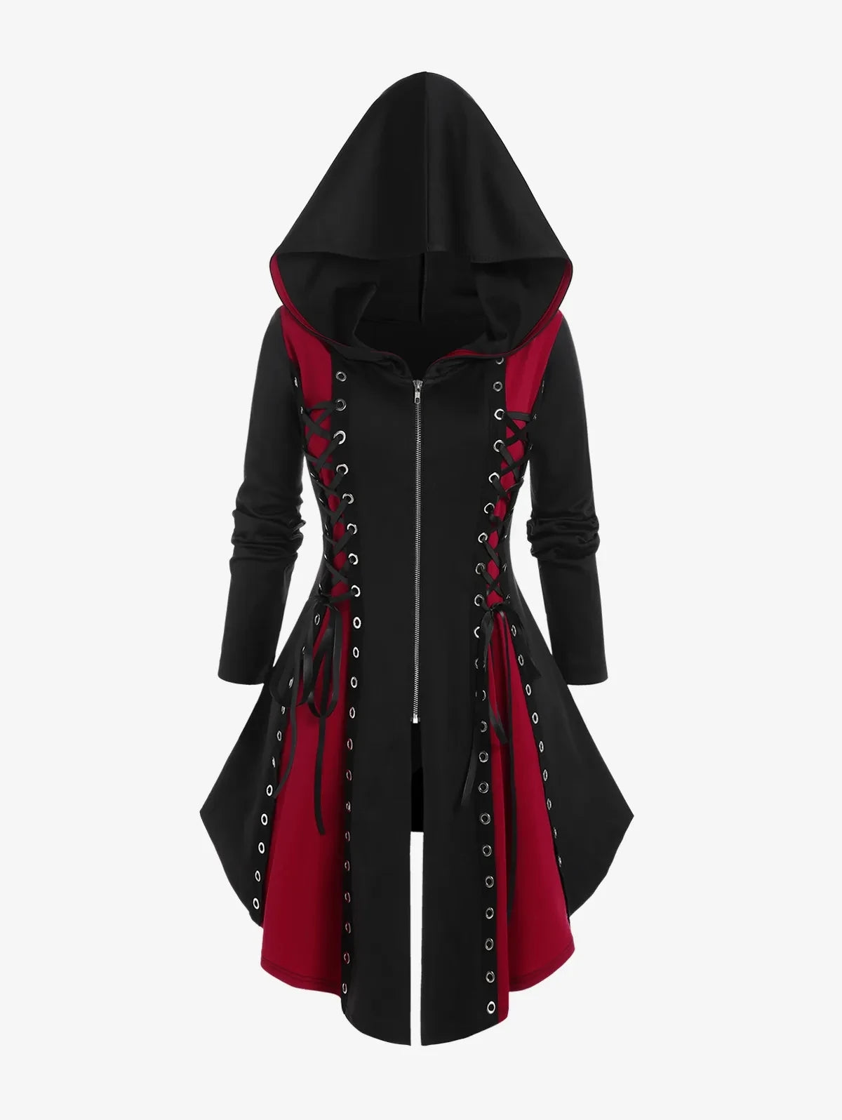 Gothic Hooded Colorblock Coat Long Sleeve Lace Up Sweatshirt with Asymmetrical Zipper for Men and Women Winter