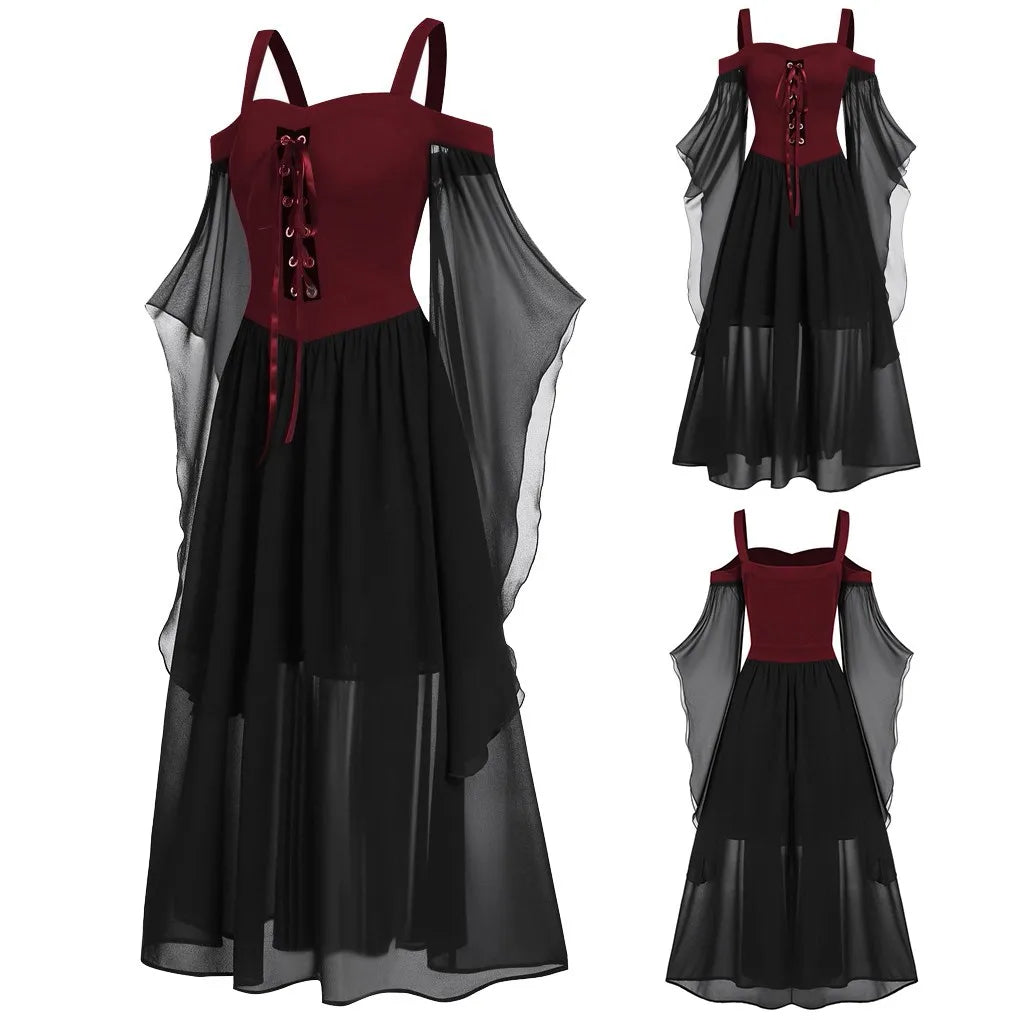 Gothic Witch Vintage Dress Women Sexy Hollow Out Lace Up High Waist Ruffle Trumpet Dress Off Shoulder Gothic Midi Dress Vestidos