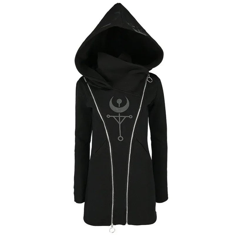 Gothic Punk Women Hooded Double Zipper Casual Black Hoodies Slim Fit Female Dark Sweatshirt Goth Outdoors Clothes Hoody