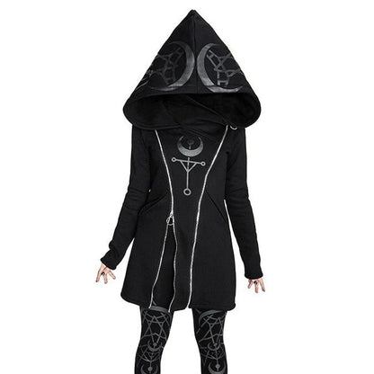 Gothic Punk Women Hooded Double Zipper Casual Black Hoodies Slim Fit Female Dark Sweatshirt Goth Outdoors Clothes Hoody