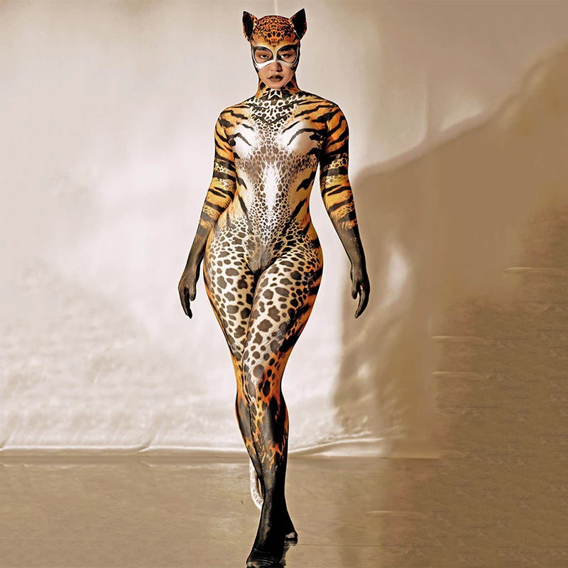 Cat Print Skinny Jumpsuit Sexy Female Party Outfit Women Party Show Performance Stage Wear Halloween Cosplay Costume