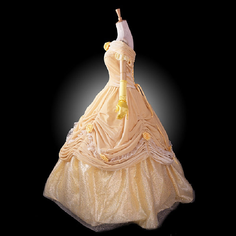 Belle Cosplay Costume Princess Yellow Dress For Adult Women Halloween Party Dresses