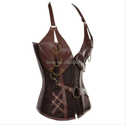 Caudatus Bustiers Corsets Women Zipper Brown Brocade Steampunk Corset Top  Plus Size  Sexy Lingerie Corset Set Leather Black