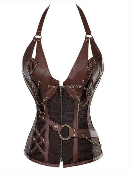 Caudatus Bustiers Corsets Women Zipper Brown Brocade Steampunk Corset Top  Plus Size  Sexy Lingerie Corset Set Leather Black