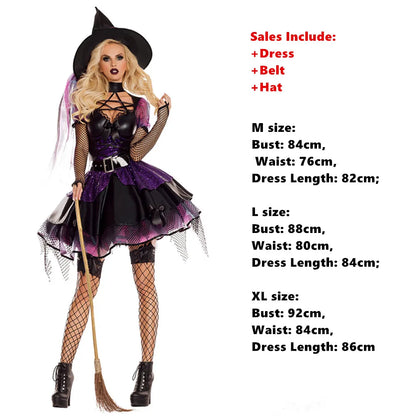 Halloween Adult Sexy Women Purple Witch Costume Carnival Party Fantasia Cosplay Dresse With Hat Suit