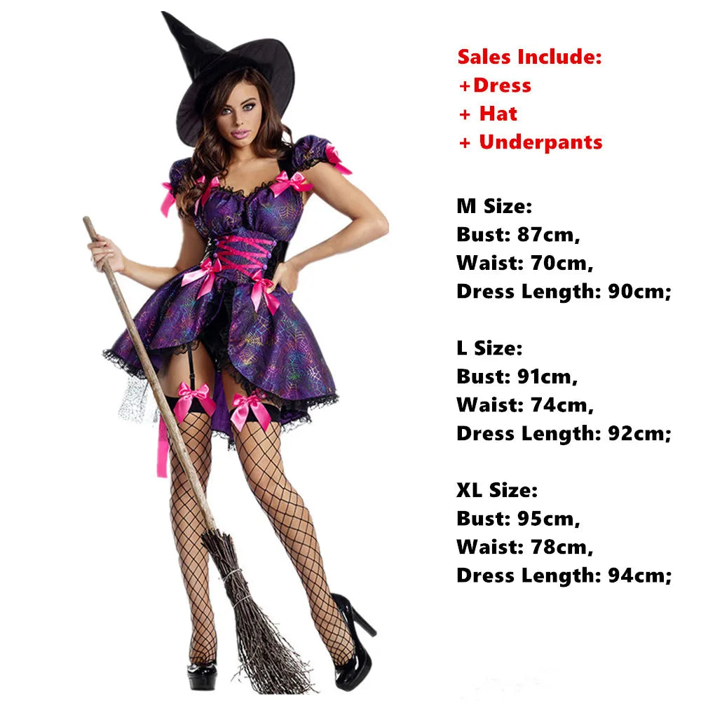 Halloween Adult Sexy Women Purple Witch Costume Carnival Party Fantasia Cosplay Dresse With Hat Suit