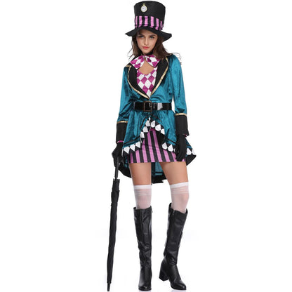 Halloween Alice In Wonderland Clock Mad Hatter Cosplay Costume Sexy Adult Fairy Tale Dress Women Magic Show Tuxedo Fancy Dress