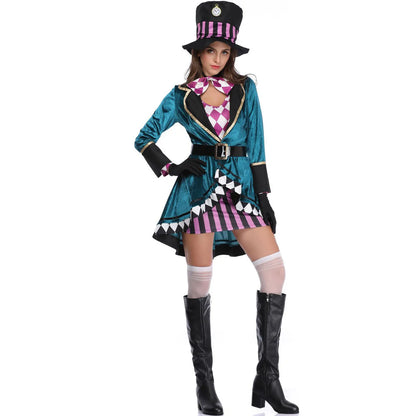 Halloween Alice In Wonderland Clock Mad Hatter Cosplay Costume Sexy Adult Fairy Tale Dress Women Magic Show Tuxedo Fancy Dress