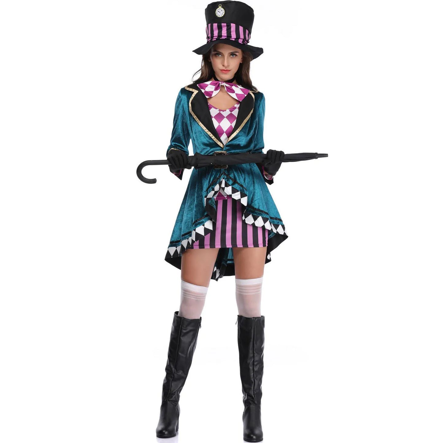 Halloween Alice In Wonderland Clock Mad Hatter Cosplay Costume Sexy Adult Fairy Tale Dress Women Magic Show Tuxedo Fancy Dress