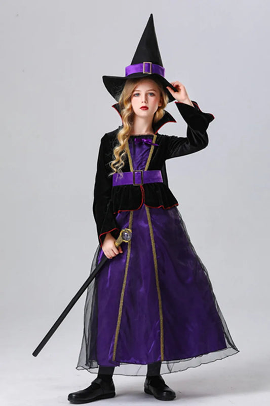 Halloween Children Girls Evil Magic Witch Cosplay Dress Purim Disguise Party Kids Purple Ghost Vampire Fancy Costume Gown