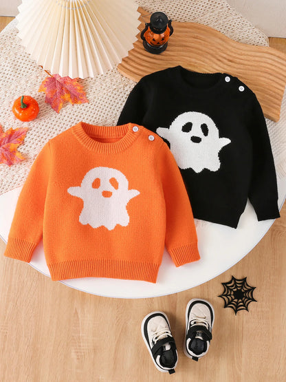 Halloween Children's Sweater Autumn Girls O-neck Knitted Pullover Top Jacquard Ghost Sweater for Boys Holiday Party Costume