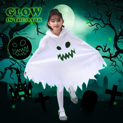 Halloween Cosplay Nightlight Hooded Cloak Kids White Ghost Glowing Ghost Face Cloak Party Dress Up Scary Ghost Clothes