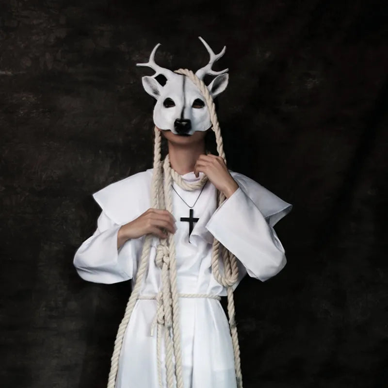 Halloween Cosplay White Deer Mask for Men Carnival Party Rave Masquerade Mask Anime Cosplay Props Mardi Gras Mask Antlers Decor