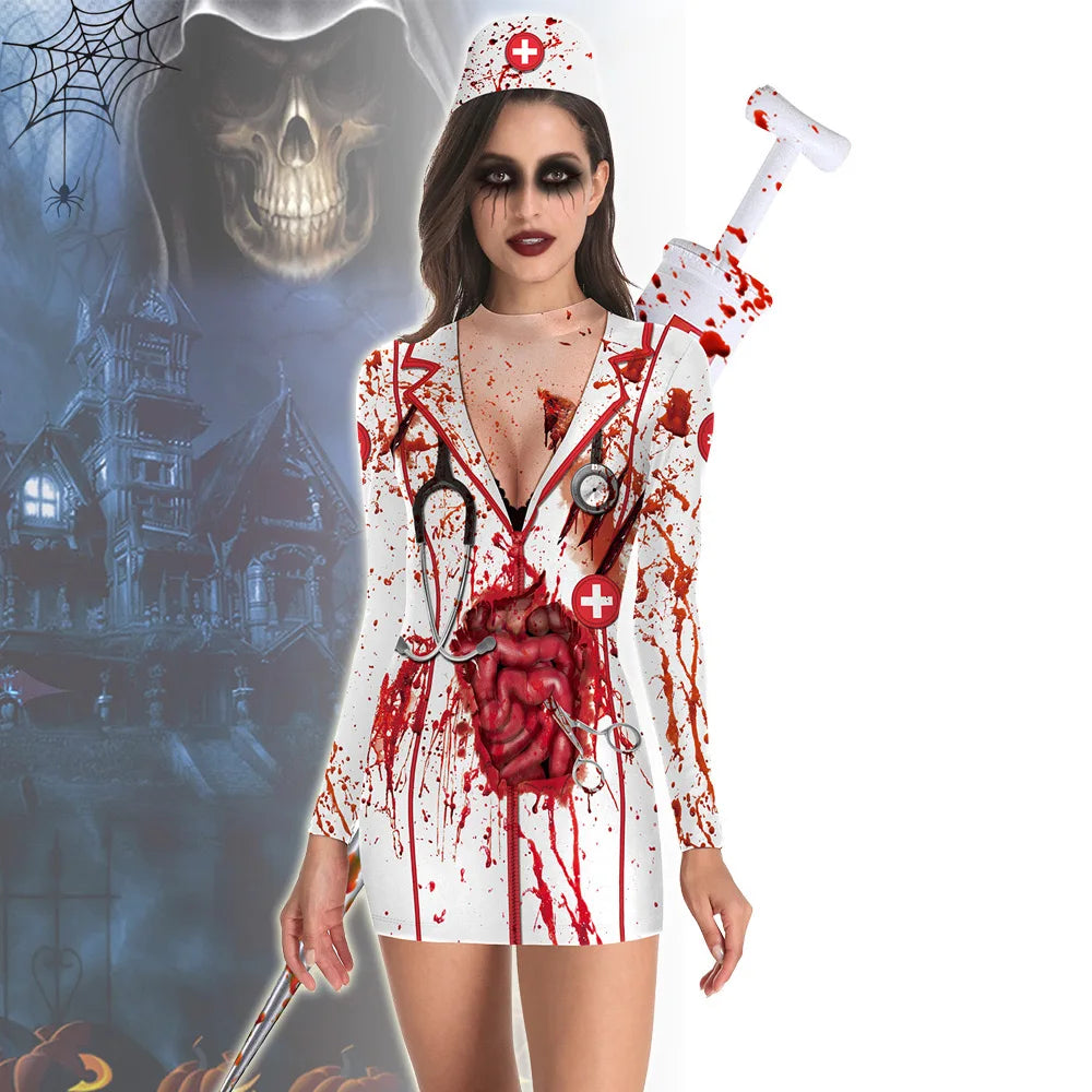 Blood Spattered Nurse Costume for Women 3D Printed Creepy Carnival Outfit Halloween Cosplay Dress