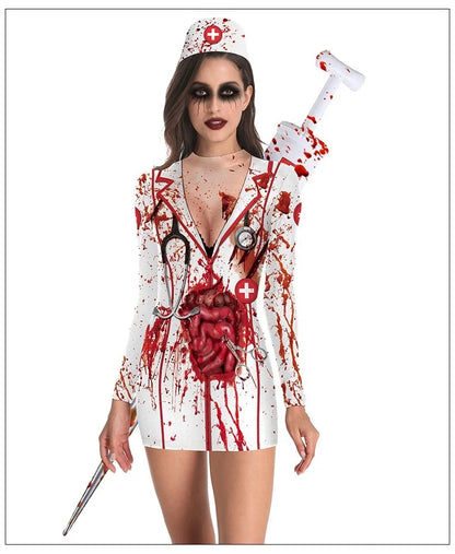 Blood Spattered Nurse Costume for Women 3D Printed Creepy Carnival Outfit Halloween Cosplay Dress