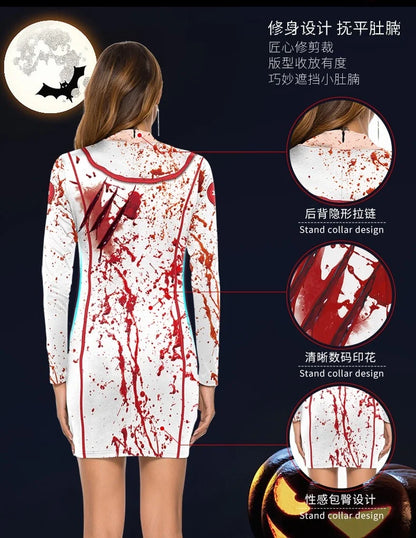 Blood Spattered Nurse Costume for Women 3D Printed Creepy Carnival Outfit Halloween Cosplay Dress