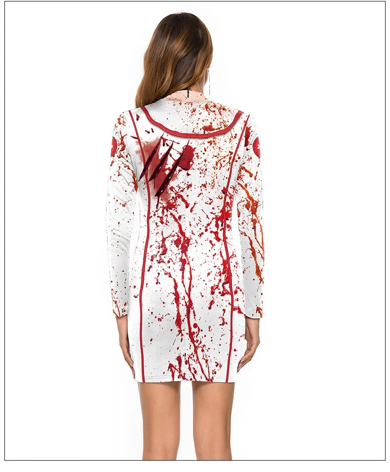 Blood Spattered Nurse Costume for Women 3D Printed Creepy Carnival Outfit Halloween Cosplay Dress