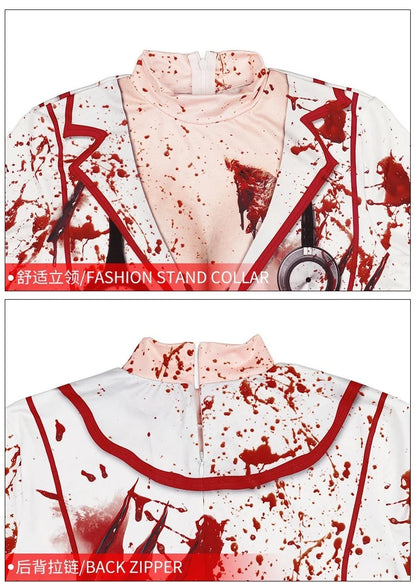 Blood Spattered Nurse Costume for Women 3D Printed Creepy Carnival Outfit Halloween Cosplay Dress