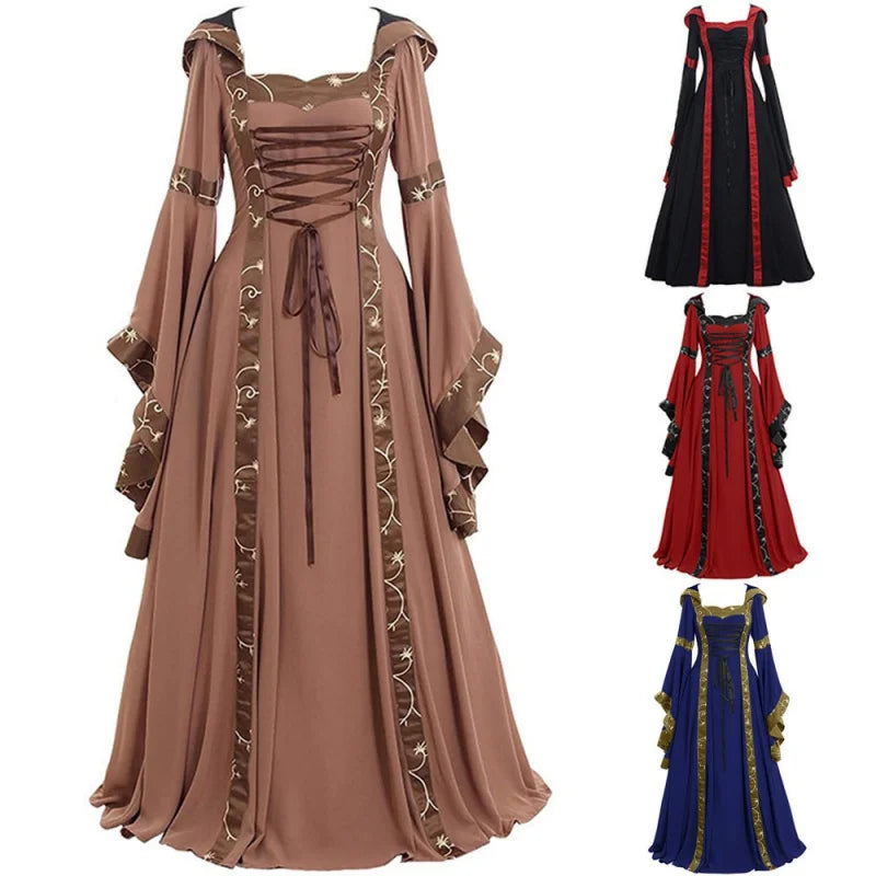 Halloween Costume For Women Medieval Retro Hooded Dress Square Collar Lace up Bell Sleeve Large Swing Court Princess Queens Suit