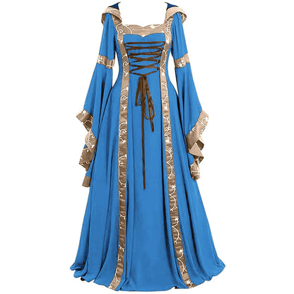 Halloween Costume For Women Medieval Retro Hooded Dress Square Collar Lace up Bell Sleeve Large Swing Court Princess Queens Suit