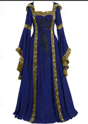 Halloween Costume For Women Medieval Retro Hooded Dress Square Collar Lace up Bell Sleeve Large Swing Court Princess Queens Suit