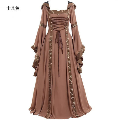 Halloween Costume For Women Medieval Retro Hooded Dress Square Collar Lace up Bell Sleeve Large Swing Court Princess Queens Suit