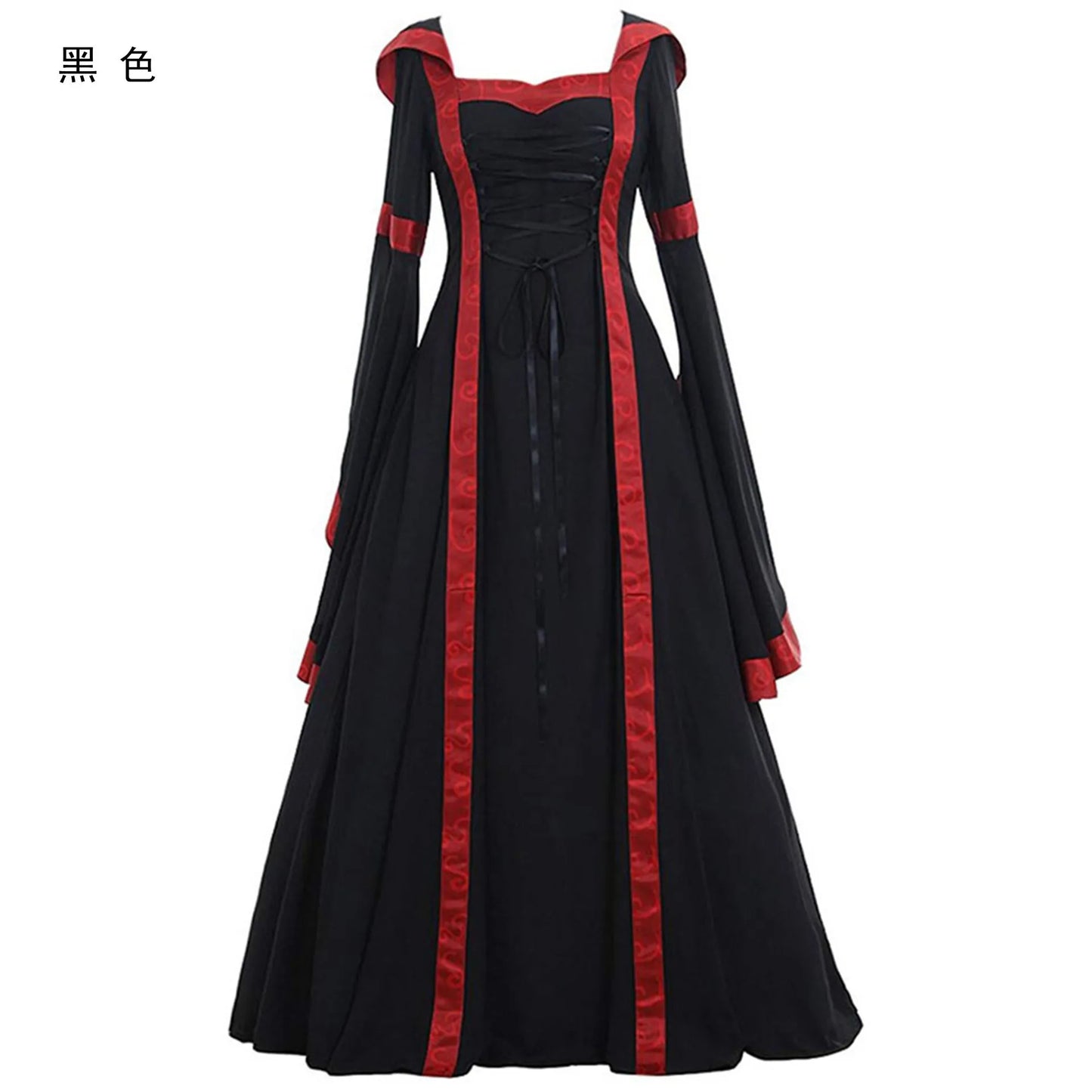 Halloween Costume For Women Medieval Retro Hooded Dress Square Collar Lace up Bell Sleeve Large Swing Court Princess Queens Suit