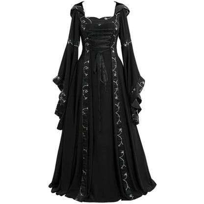 Halloween Costume For Women Medieval Retro Hooded Dress Square Collar Lace up Bell Sleeve Large Swing Court Princess Queens Suit