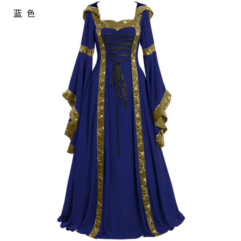 Halloween Costume For Women Medieval Retro Hooded Dress Square Collar Lace up Bell Sleeve Large Swing Court Princess Queens Suit