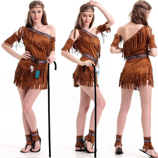 Halloween Costume Indian Indigenous Costume COS Uniform Suit Tassel Savage Forest Hunter Costume Halloween Costumes for Women