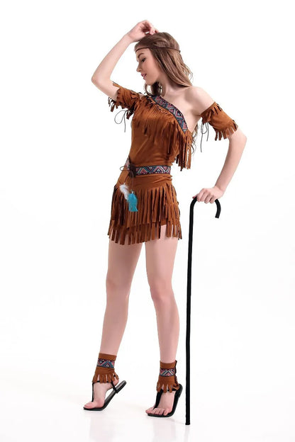 Halloween Costume Indian Indigenous Costume COS Uniform Suit Tassel Savage Forest Hunter Costume Halloween Costumes for Women