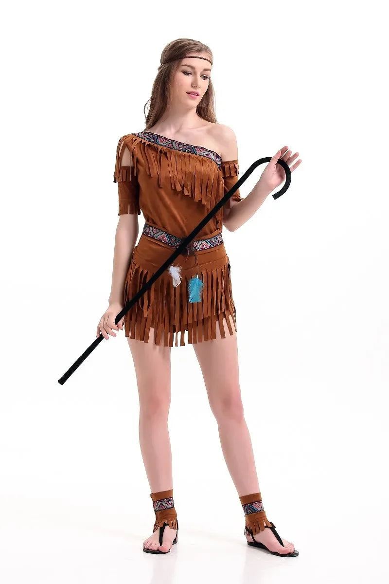 Halloween Costume Indian Indigenous Costume COS Uniform Suit Tassel Savage Forest Hunter Costume Halloween Costumes for Women