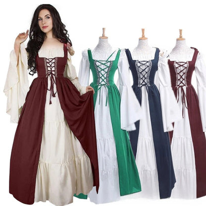 Halloween Costume Square Neck Bundle Waist Medieval Renaissance Retro Dress Cosplay Costumes Women