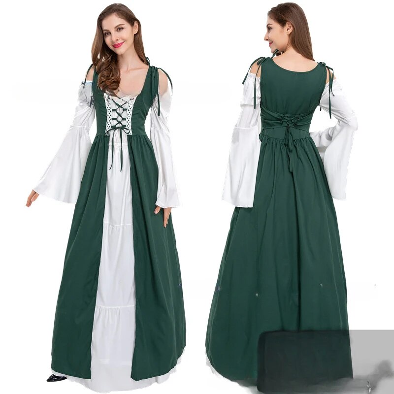 Halloween Costume Square Neck Bundle Waist Medieval Renaissance Retro Dress Cosplay Costumes Women