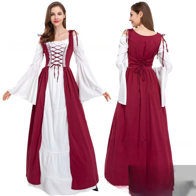 Halloween Costume Square Neck Bundle Waist Medieval Renaissance Retro Dress Cosplay Costumes Women