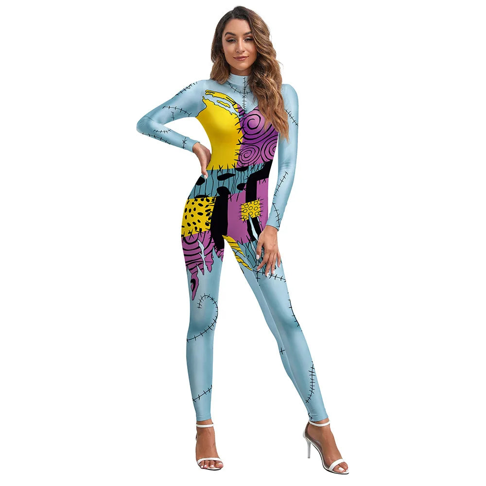 Halloween Costume for Women Cosplay Movie Role Sally Digital Print Jumpsuit Bottoms Female Christmas Costumes Ladies Bobysuit