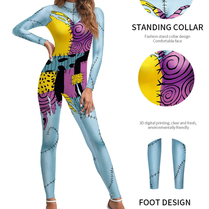 Halloween Costume for Women Cosplay Movie Role Sally Digital Print Jumpsuit Bottoms Female Christmas Costumes Ladies Bobysuit