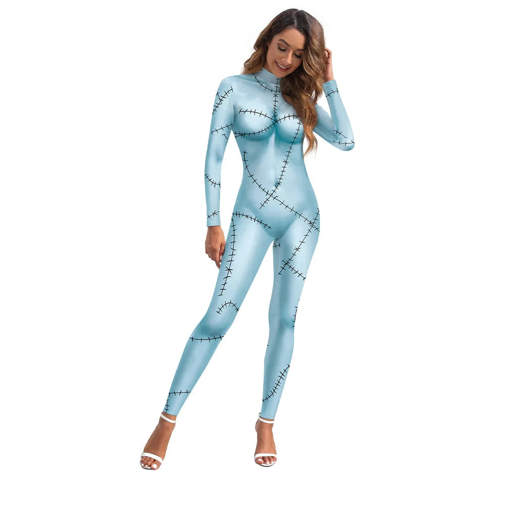 Halloween Costume for Women Cosplay Movie Role Sally Digital Print Jumpsuit Bottoms Female Christmas Costumes Ladies Bobysuit