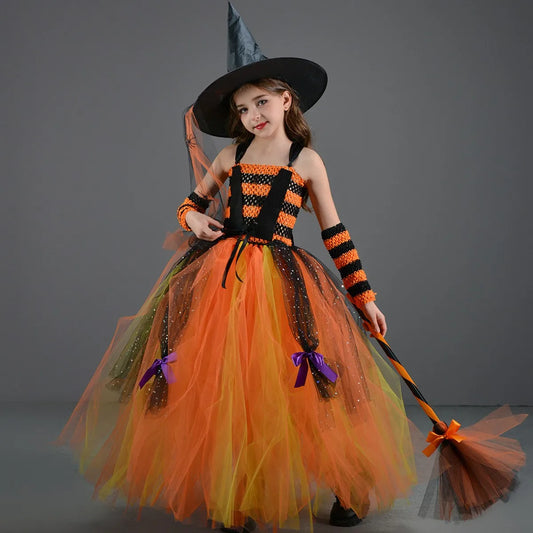 Halloween Dress for Girls Cosplay Witch Costume Yellow Strappy Puffy Stripe Dress Children Carnival Party Clothes Suit Hat Broom