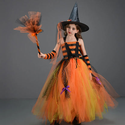 Halloween Dress for Girls Cosplay Witch Costume Yellow Strappy Puffy Stripe Dress Children Carnival Party Clothes Suit Hat Broom