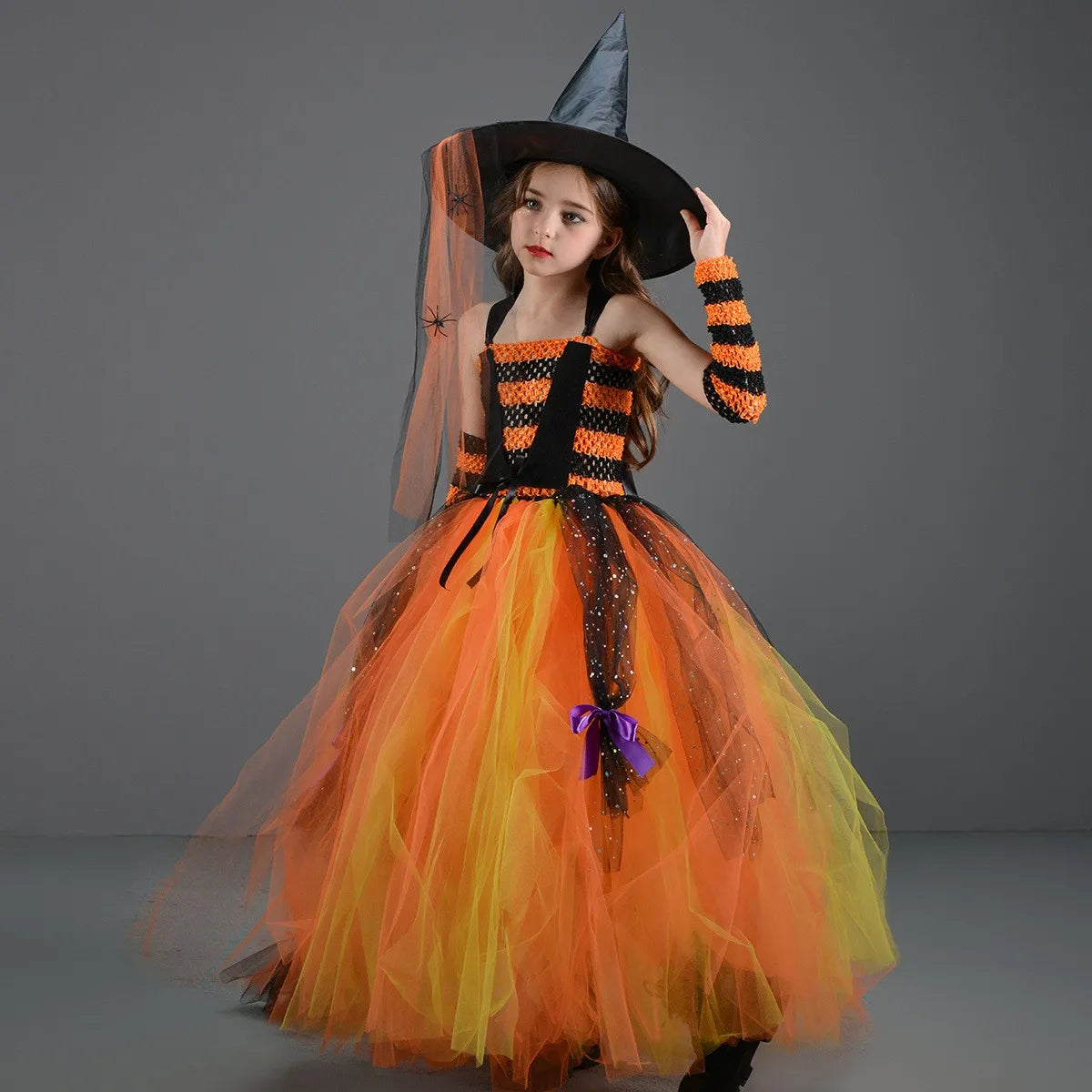 Halloween Dress for Girls Cosplay Witch Costume Yellow Strappy Puffy Stripe Dress Children Carnival Party Clothes Suit Hat Broom