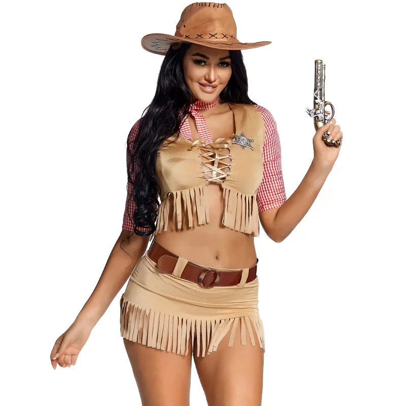 Halloween Early American Pioneer Cosplay Uniform Gothic Sexy West Cowboy Costume Adult Women Fringe Chest Wrap Uniform