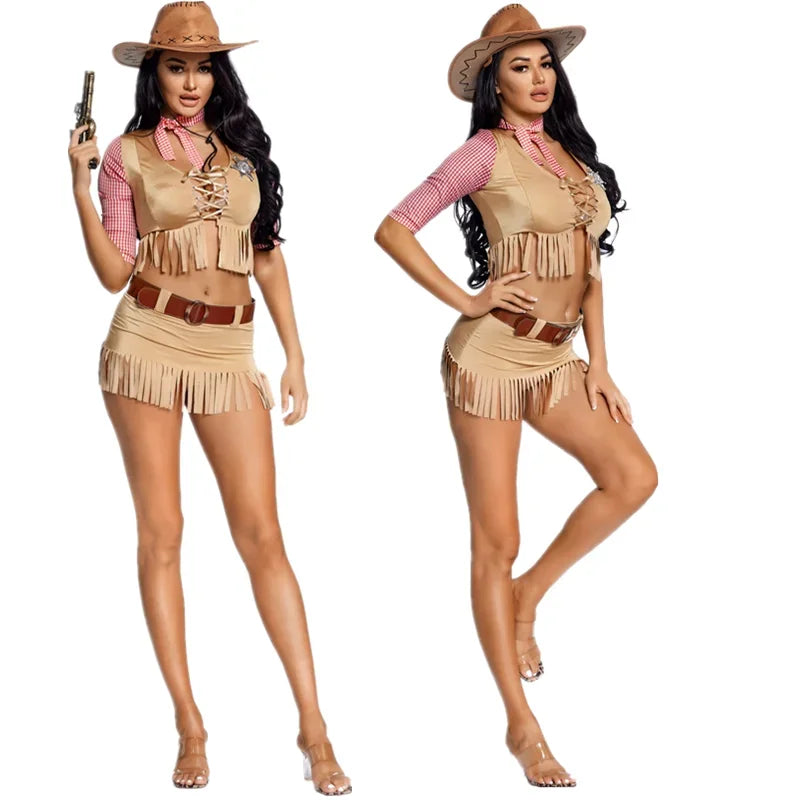 Halloween Early American Pioneer Cosplay Uniform Gothic Sexy West Cowboy Costume Adult Women Fringe Chest Wrap Uniform