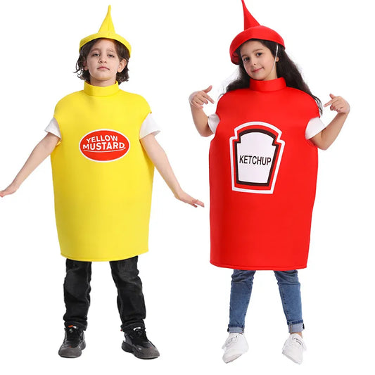 Halloween Fancy Dress Children Unisex Ketchup And Mustard Costume  Boys Girls Cosplay Funny Food Tunic For Kids Outfits With Hat