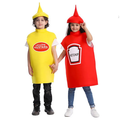 Halloween Fancy Dress Children Unisex Ketchup And Mustard Costume  Boys Girls Cosplay Funny Food Tunic For Kids Outfits With Hat