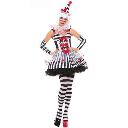 Halloween Funny Circus Evil Terrifying Ugly Clown Costume For Women Grid Irregular Mini Dress Naughty Harlequin Makeup Ball Set