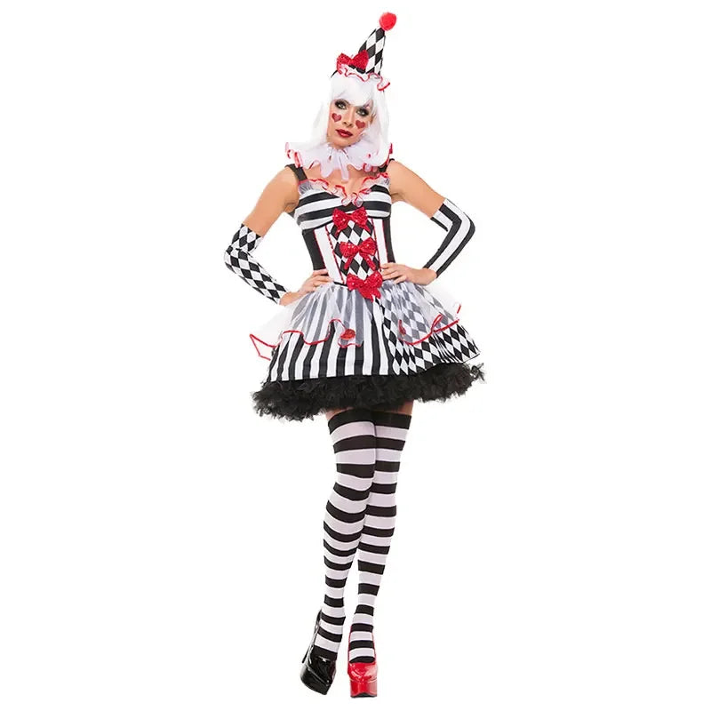 Halloween Funny Circus Evil Terrifying Ugly Clown Costume For Women Grid Irregular Mini Dress Naughty Harlequin Makeup Ball Set