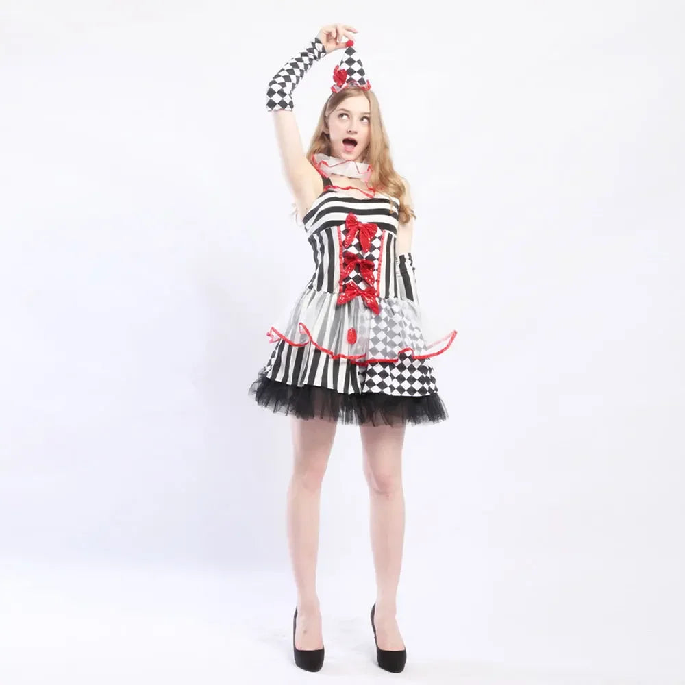 Halloween Funny Circus Evil Terrifying Ugly Clown Costume For Women Grid Irregular Mini Dress Naughty Harlequin Makeup Ball Set