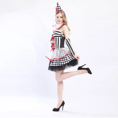 Halloween Funny Circus Evil Terrifying Ugly Clown Costume For Women Grid Irregular Mini Dress Naughty Harlequin Makeup Ball Set