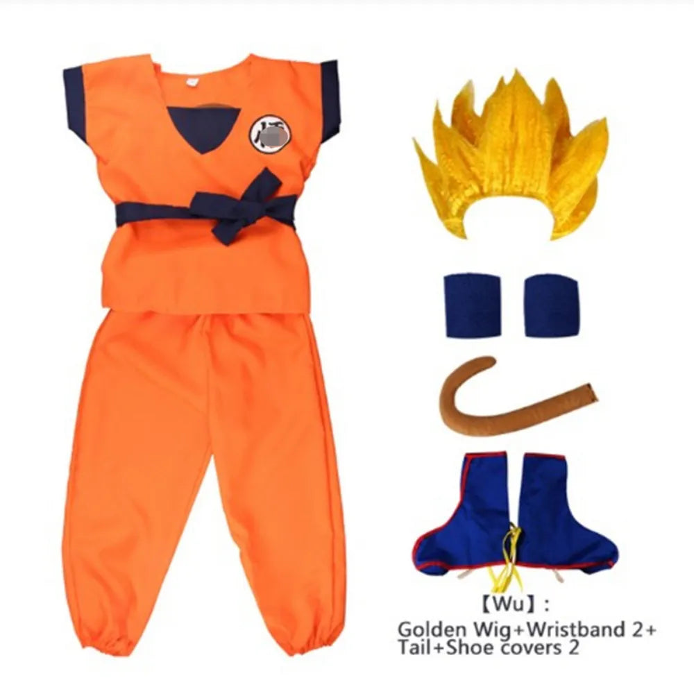 Halloween Kids Boys Son Goku Cosplay Costume Wig Shoes Set Children Clothing Performance Props Party Dress Up Birthday Gift